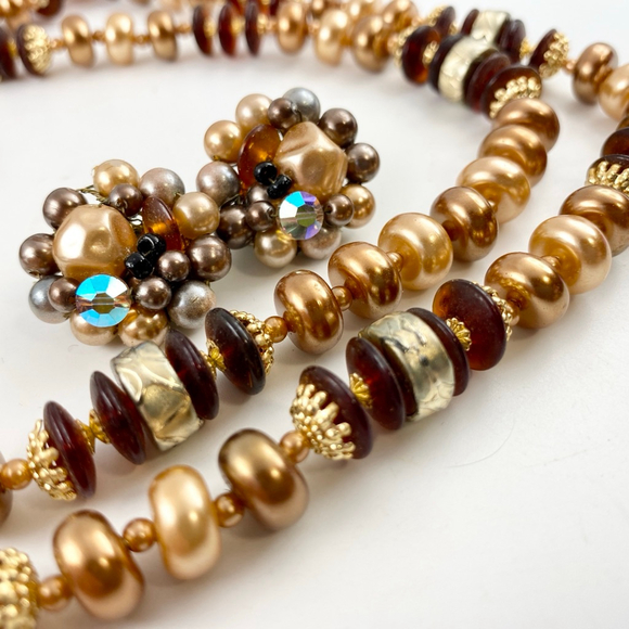 Vintage Golden Brown Pearly Beaded Two-Strand Necklace & Cluster Bead Earrings. - Picture 5 of 8